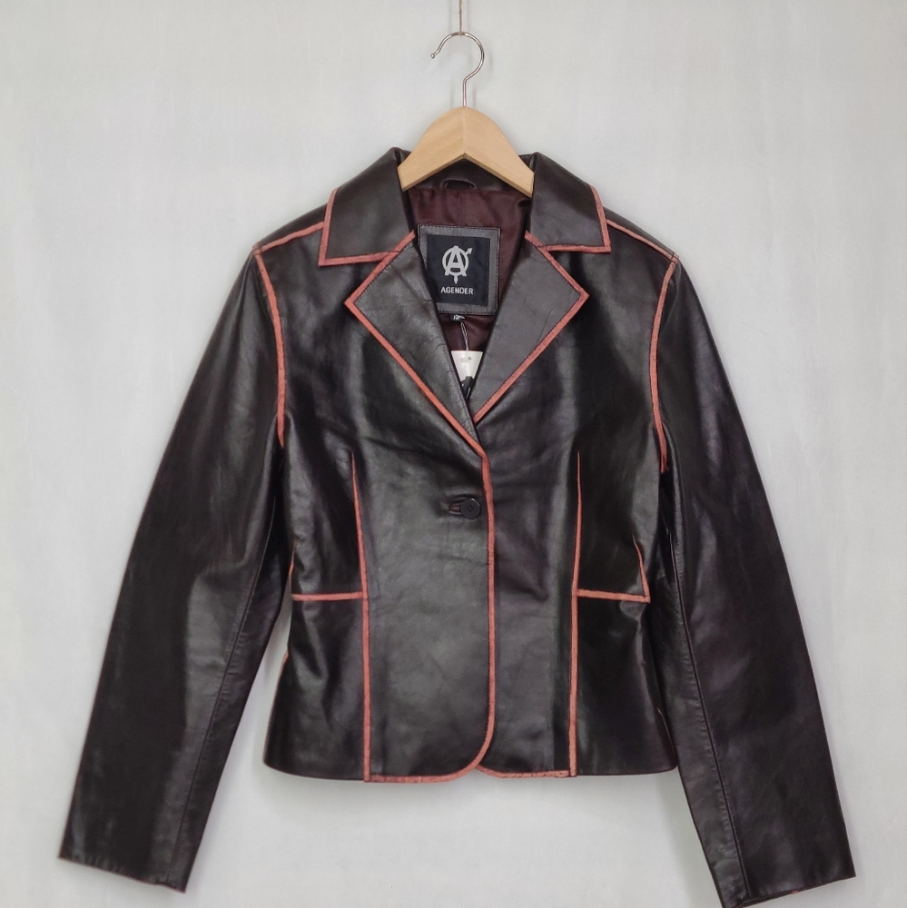 Agender, Dark brown and red,100% leather Jacket, Size 12 Women